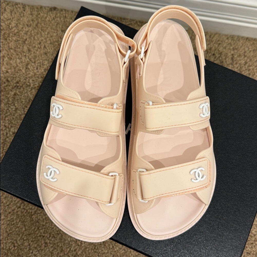 Chanel CC Sport Dad Sandals Pastel Pink Rubber Size 37 Worn Once